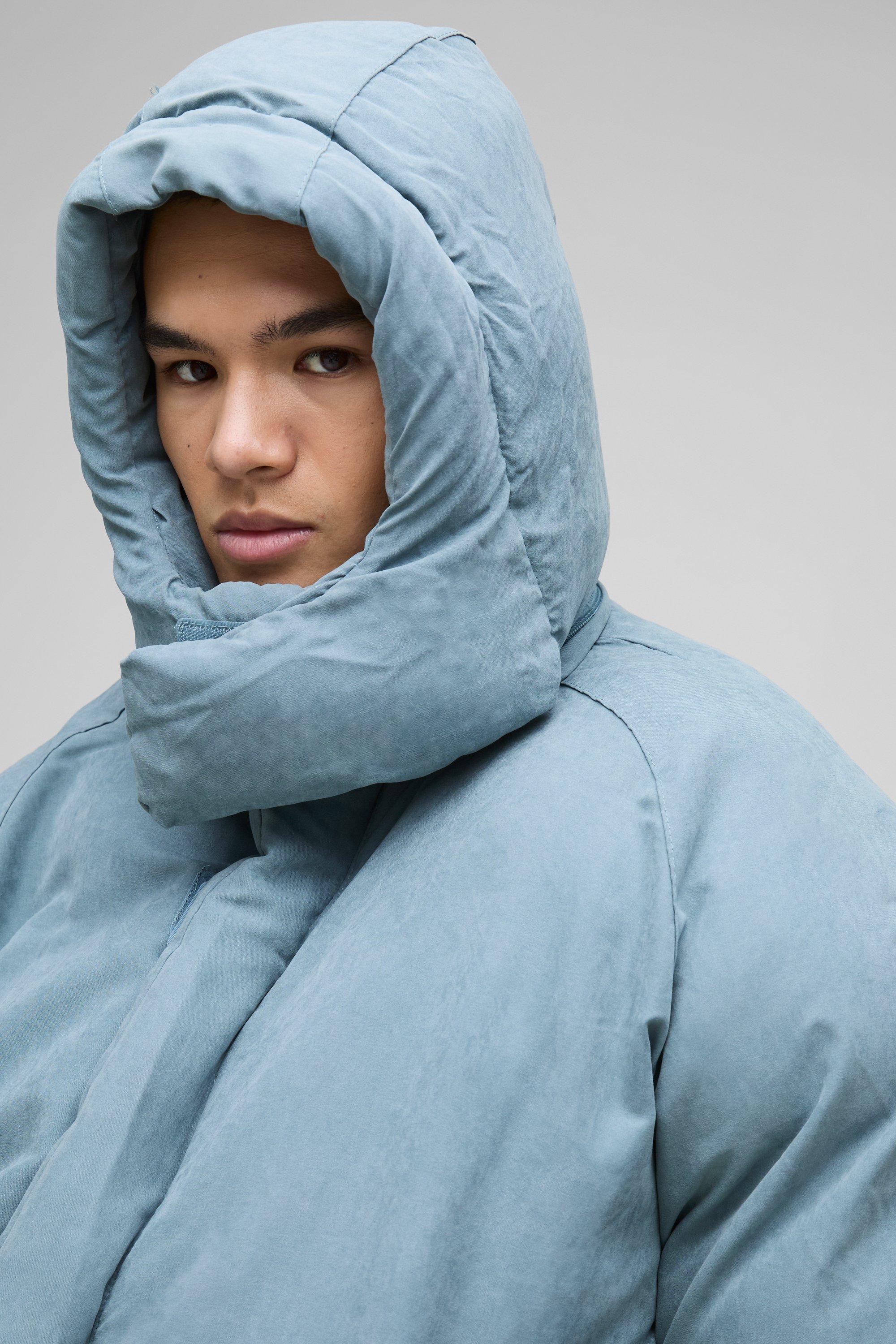 Man Extreme Heavy Padded Hooded Puffer Coat In Dusty Blue